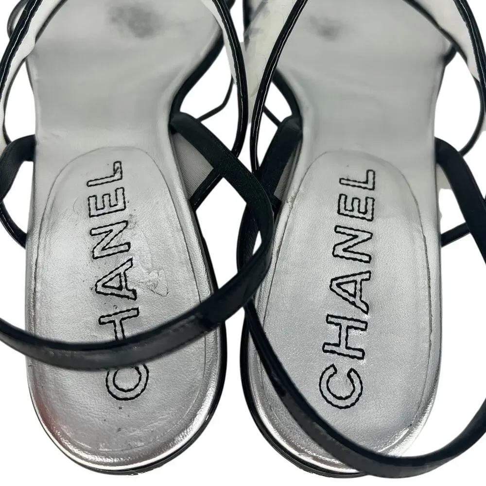 Chanel 2017 Sequin‎ Patent Leather Trim CC Heel Sandals 38C